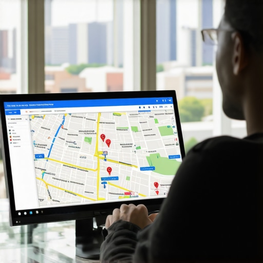 A professional analyzing local SEO data on a computer with Fort Worth cityscape in background.