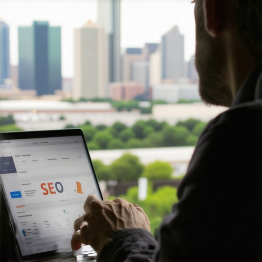 Business owner working on SEO strategies with Fort Worth skyline in background