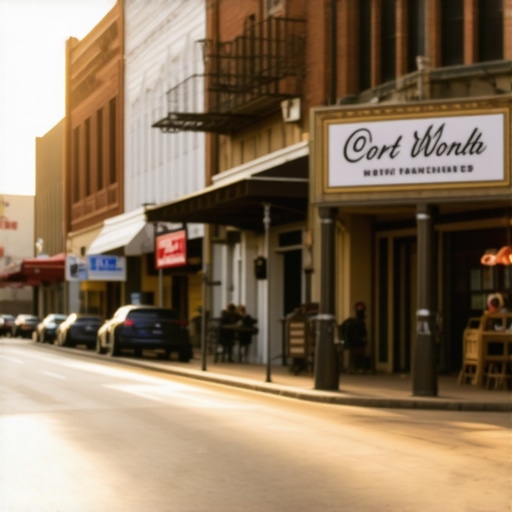 Fort Worth Local Business Scene A lively Fort Worth street with diverse local shops and digital marketing icons