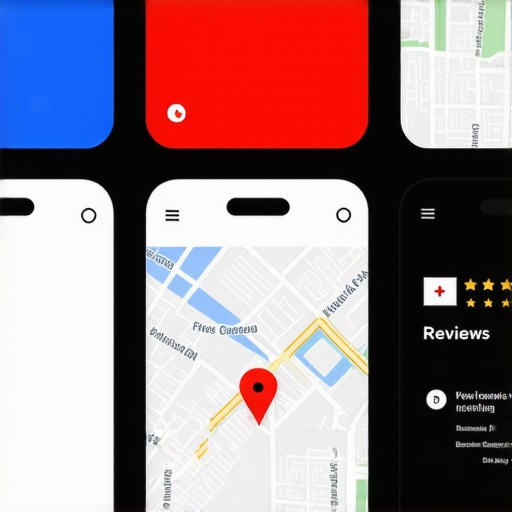A sleek website interface showing Google Maps integration and review buttons.