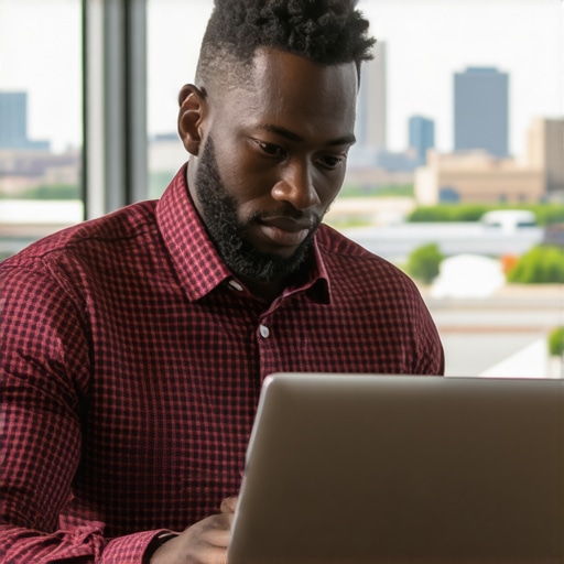 Business owner updating Google My Business profile on a laptop with Fort Worth skyline