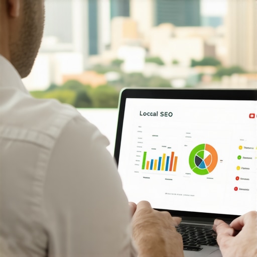 Business professional reviewing local SEO analytics on a laptop with Fort Worth skyline