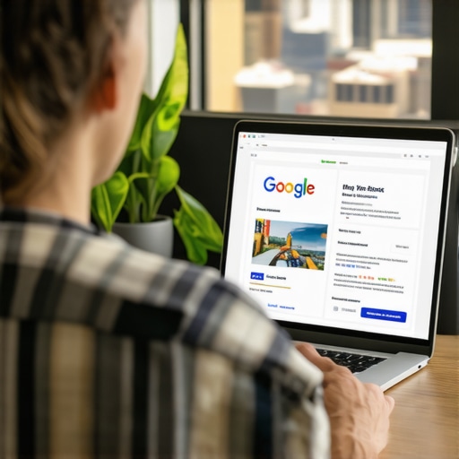 Business owner working on Google My Business profile against Fort Worth cityscape.