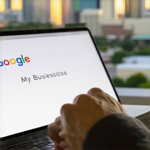 Person editing Google My Business listing on a laptop with Fort Worth skyline in the background.