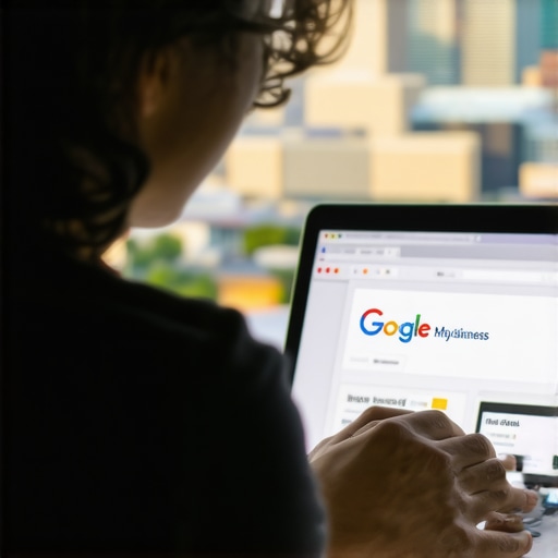 Person editing Google My Business profile on laptop with Fort Worth skyline.