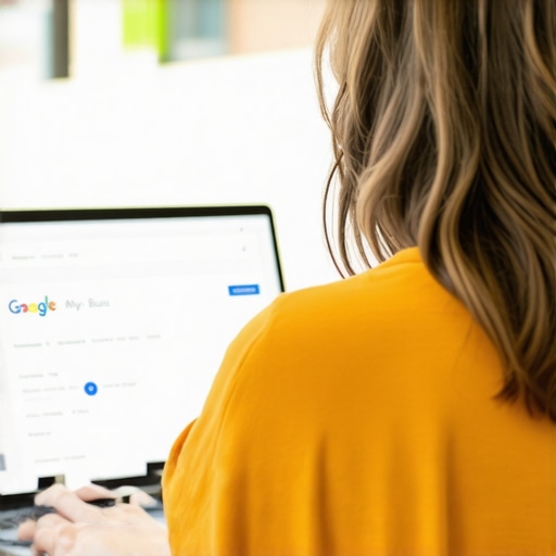 Business owner updating Google My Business profile on a laptop in a cafe.