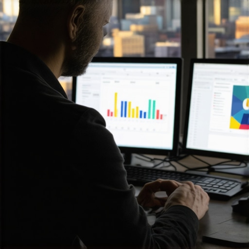 Digital marketer working on SEO analytics with Fort Worth cityscape