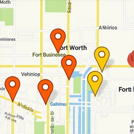 Annotated map of Fort Worth showing Google Maps business pins