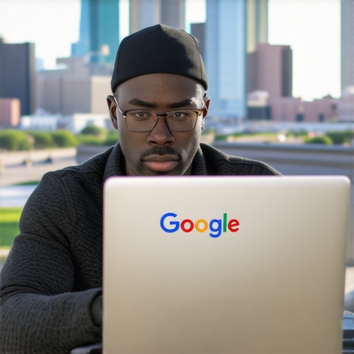 Business owner working on Google My Business profile with Fort Worth cityscape