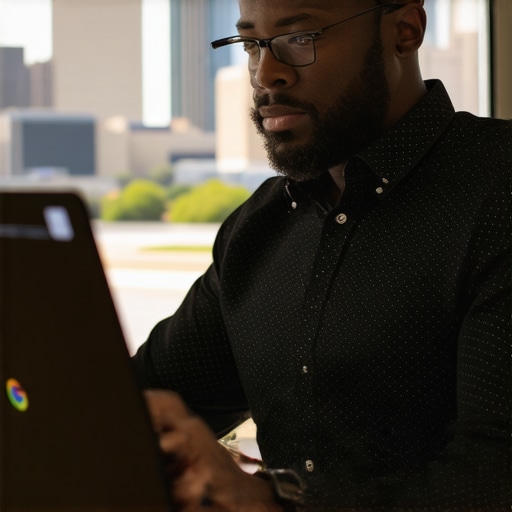 Business owner enhancing Google My Business listing with Fort Worth skyline visible behind.