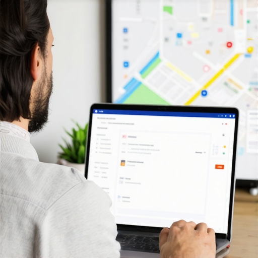 Business owner updating Google My Business profile on laptop with local map visuals