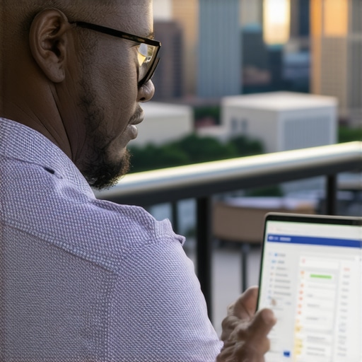 Business owner reviewing SEO metrics with Fort Worth skyline behind
