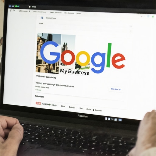Person working on Google My Business listing on a laptop with Fort Worth landmarks in background