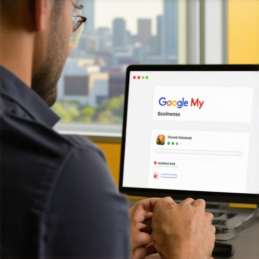 Business owner working on Google My Business profile with Fort Worth cityscape behind