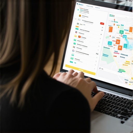 A person analyzing local SEO metrics on a computer with charts and maps