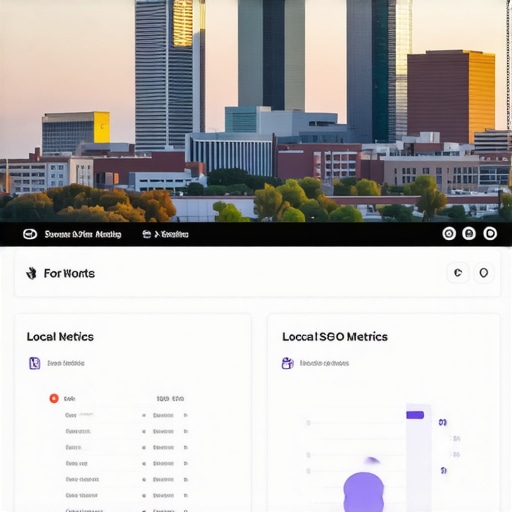 Fort Worth Local SEO Dashboard A close-up of a local SEO analytics dashboard showing growth metrics with Fort Worth skyline
