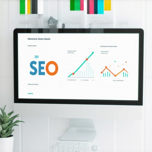 A workspace with SEO analytics dashboards on a computer, emphasizing ongoing SEO management.